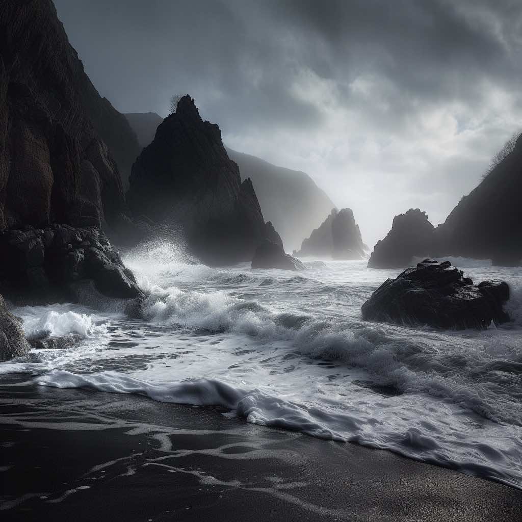 A dramatic beach with rugged cliffs dark shady weather at night time, looking scary